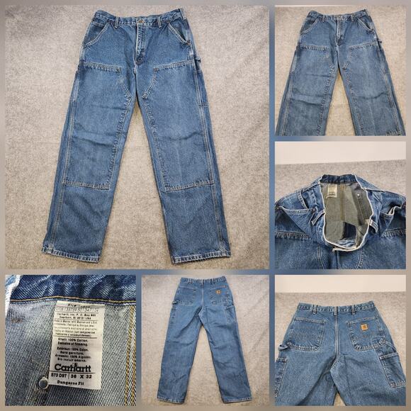Carhartt Jeans Mens 36x32 Blue Denim B73 DST Double Knee Utility Work Pants - Picture 1 of 14
